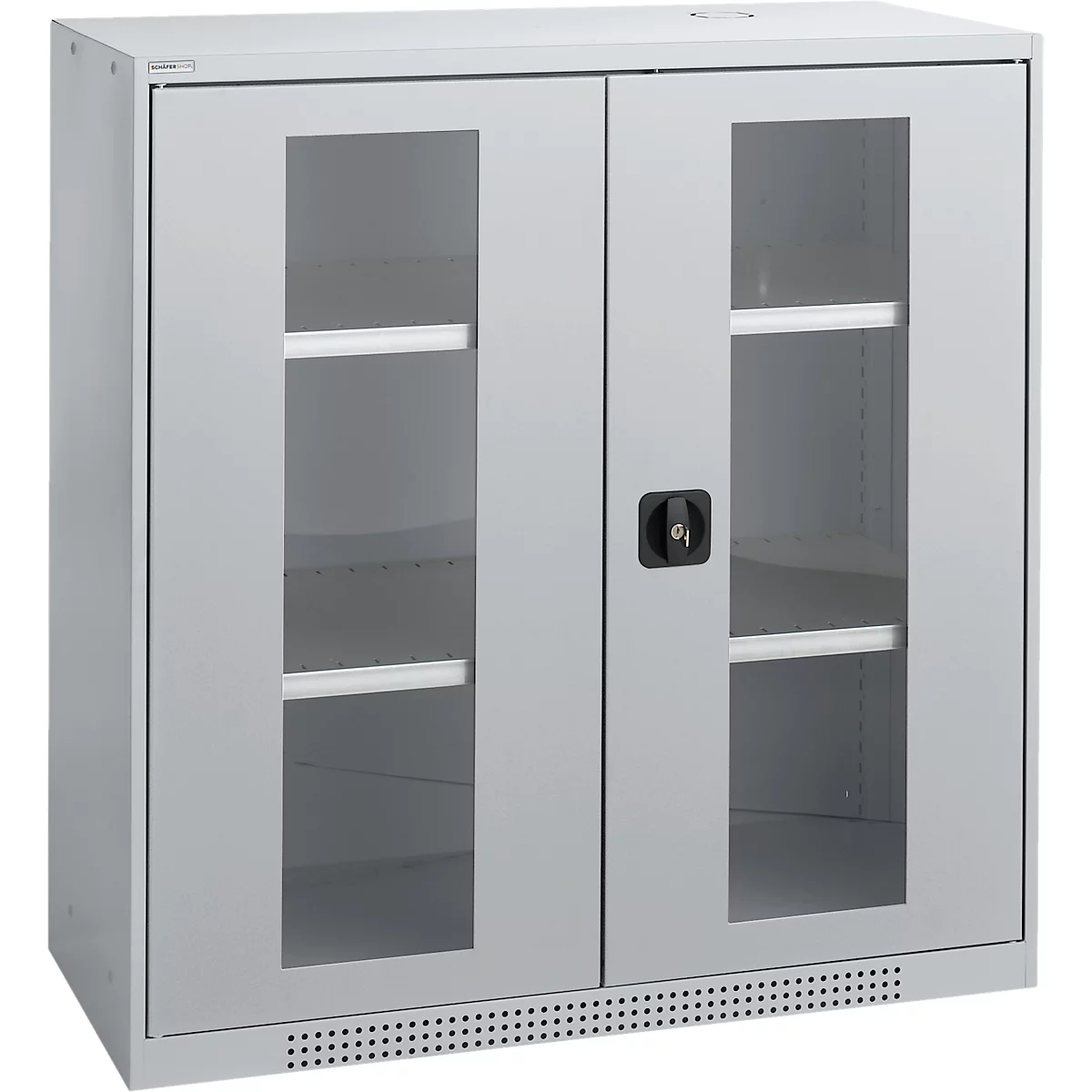 Gray cabinet with two glass doors, black handle and two shelves. Ventilation holes at the bottom.
