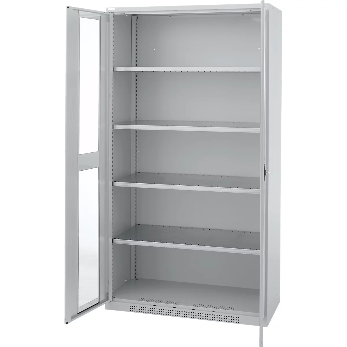 An open grey cabinet with shelves. The left door is open, behind it a bright pane.