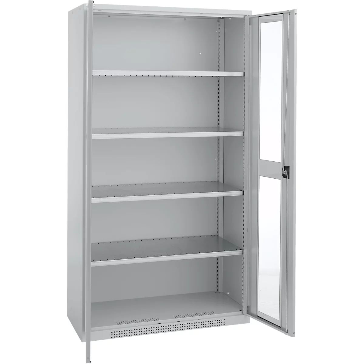 Grey, empty filing cabinet, one door is open, showing shelves.