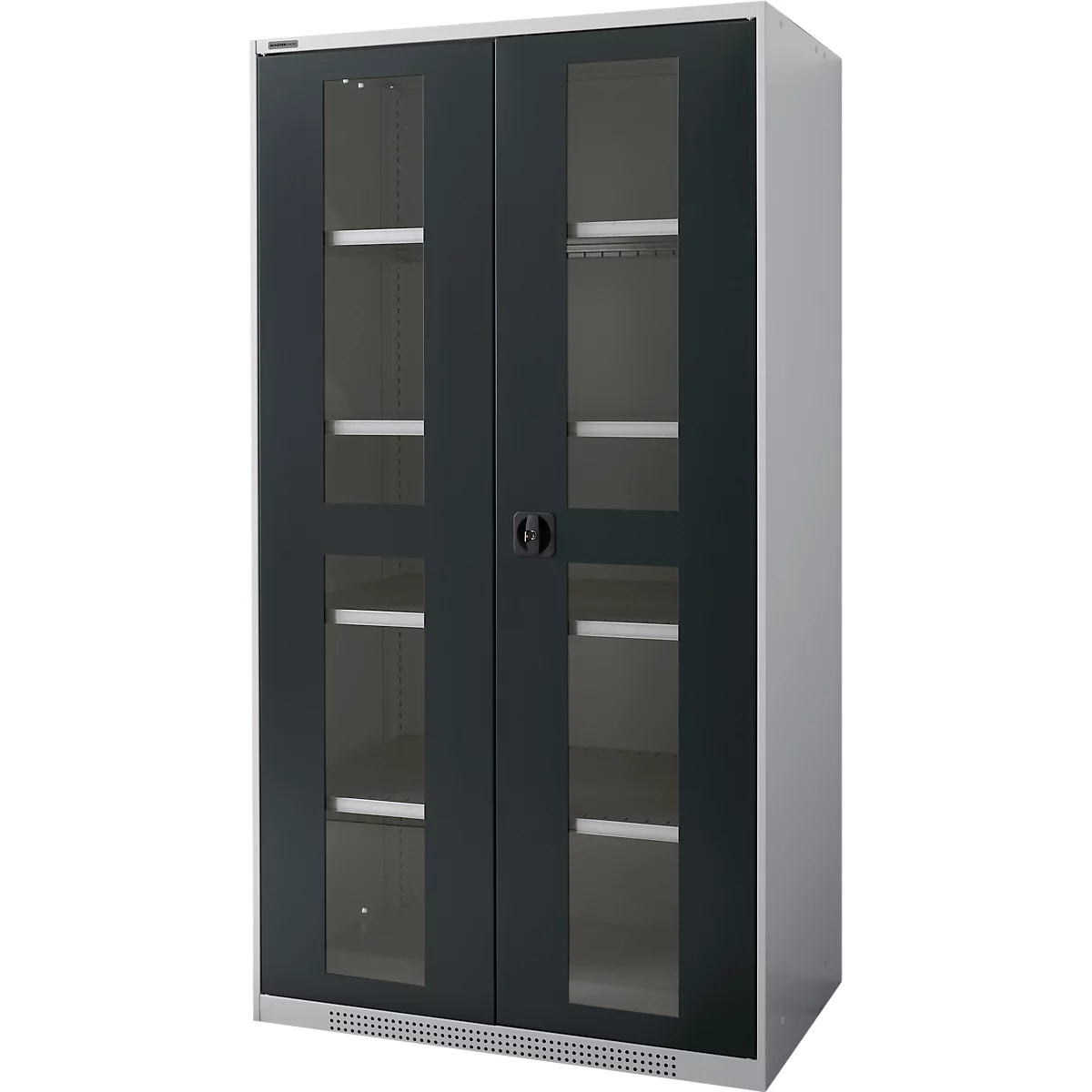 A gray cabinet with glass doors and shelves. The cabinet has a black frame and a silver base.