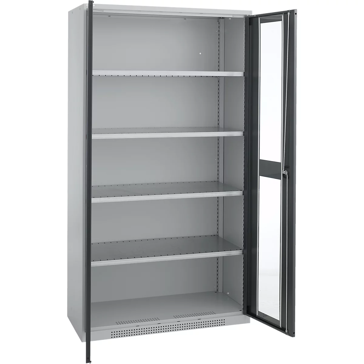 Gray steel cabinet with open door, shelves inside. Black frame. Clean lines, professional design.