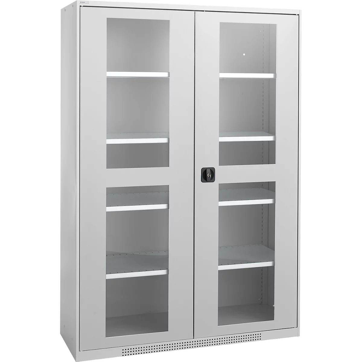 Grey cabinet with glass windows, divided into six sections with shelves. Black handle, ventilation at the bottom.