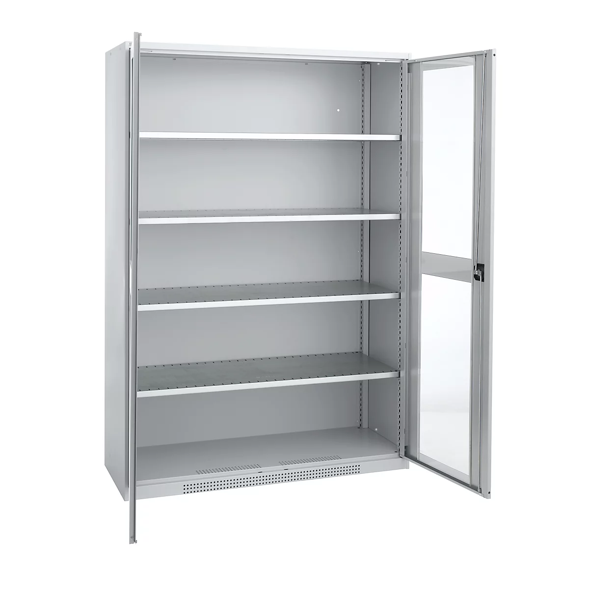 Metal cabinet with open doors. Several shelves inside. One door has a glass frame.
