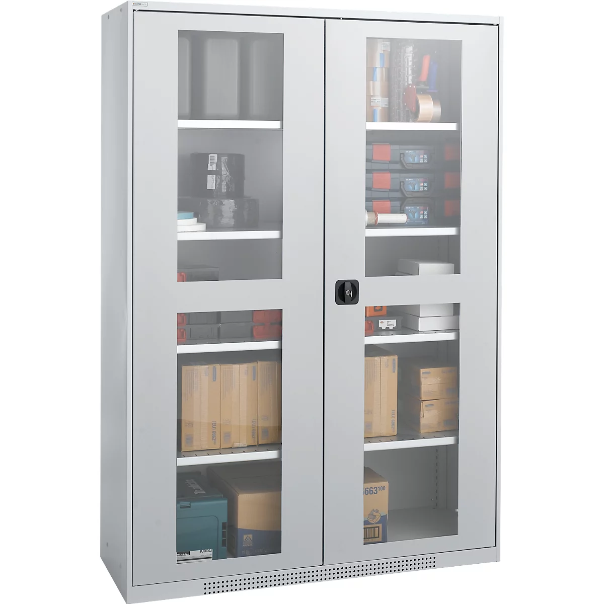 Gray cabinet with glass doors, inside shelves with tools and accessories. Black handle in the middle.