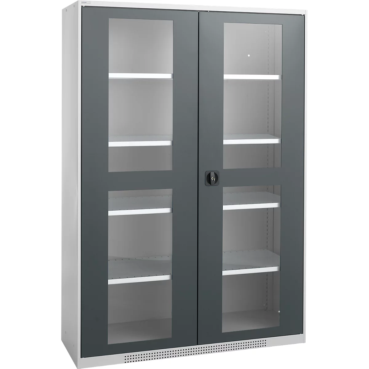 Grey filing cabinet with glass doors. Shelves are inside. A handle is in the middle.