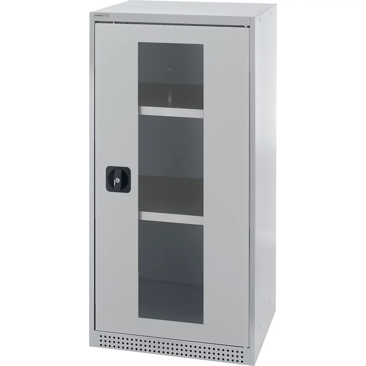 Gray cabinet with glass door and handle. Three horizontal shelves visible through the pane.