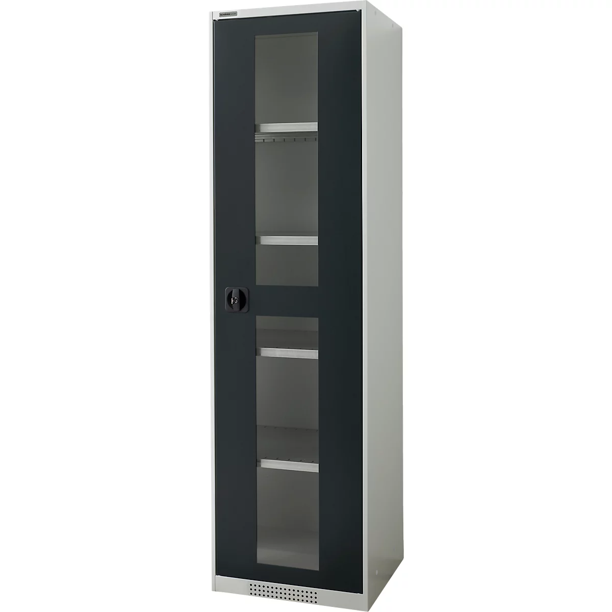 Cabinet with glass front and shelves. Gray metal frame with black glass door, door handle on the left.