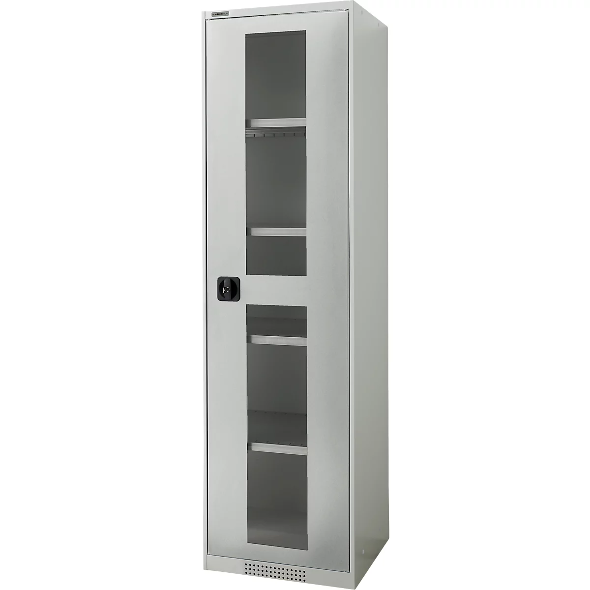 Grey steel cabinet with glass door and shelves. Black handle on the left.