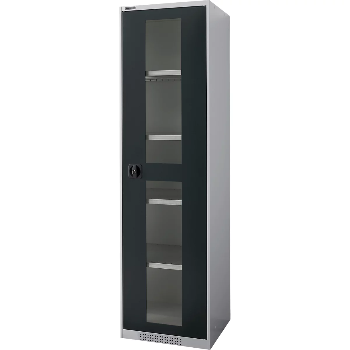 Gray cabinet with glass door, dark frame, door handle on the left. White shelves visible inside.