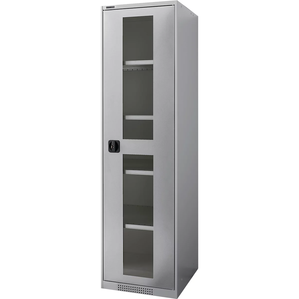 Metal cabinet with glass door. Shelves are visible inside. The handle is black.