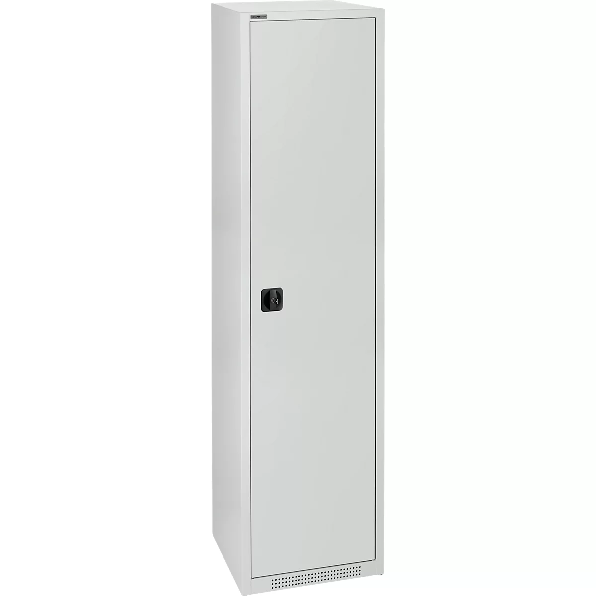 Gray cabinet with door, black handle and ventilation slots.