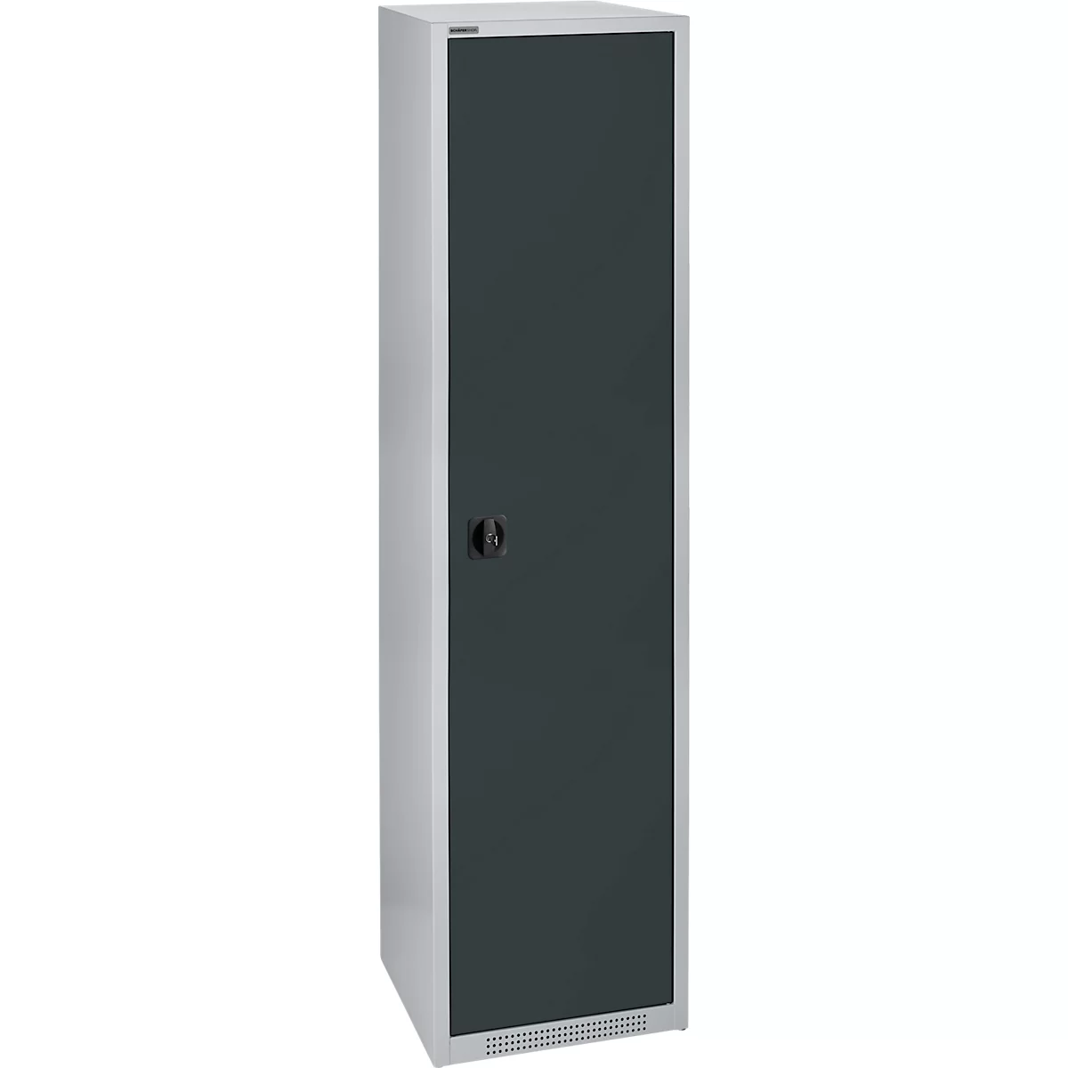 Grey cabinet with dark door. A black knob is in the middle of the door. Ventilation slots are at the bottom.