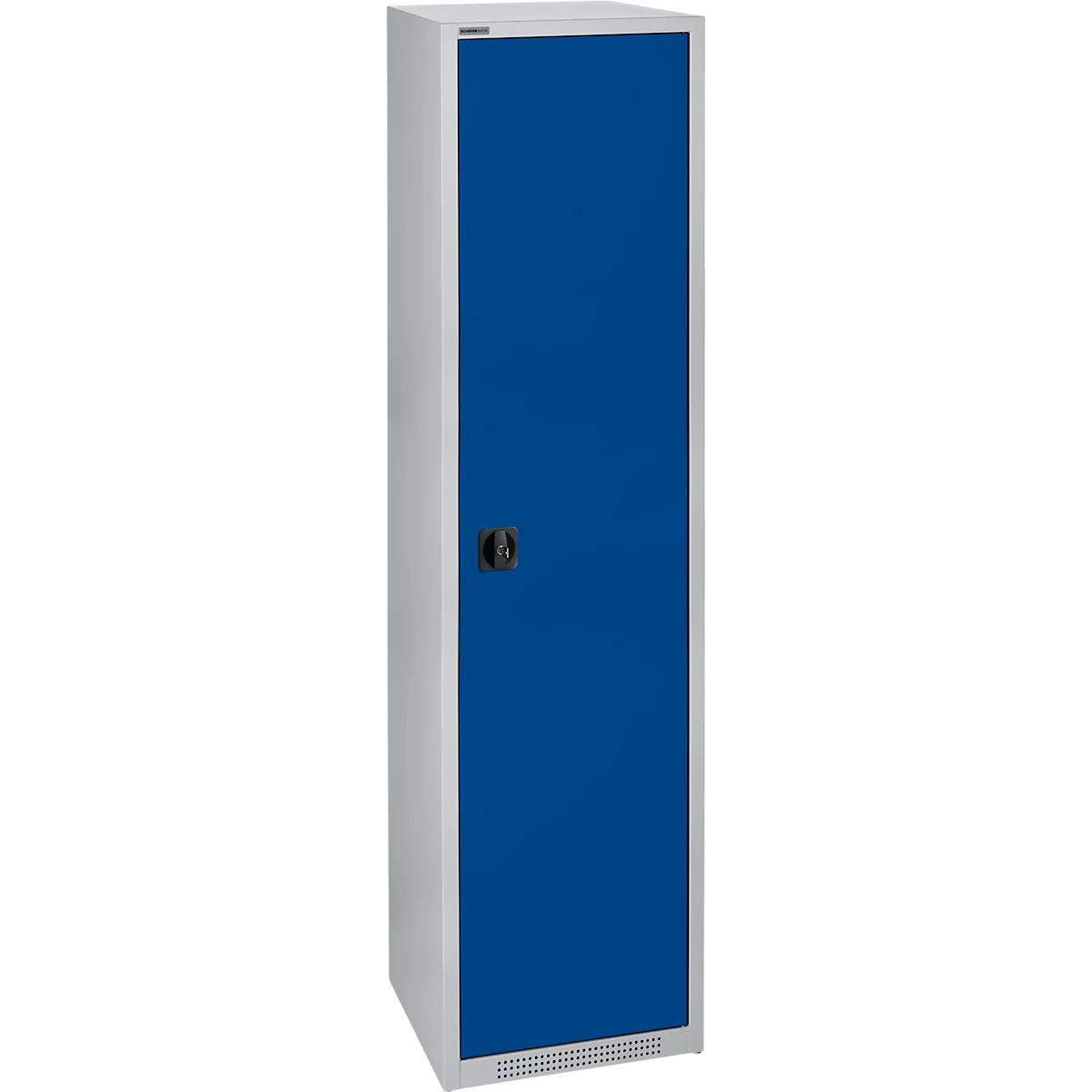 Tall steel cabinet with blue door and black handle, against a white background.