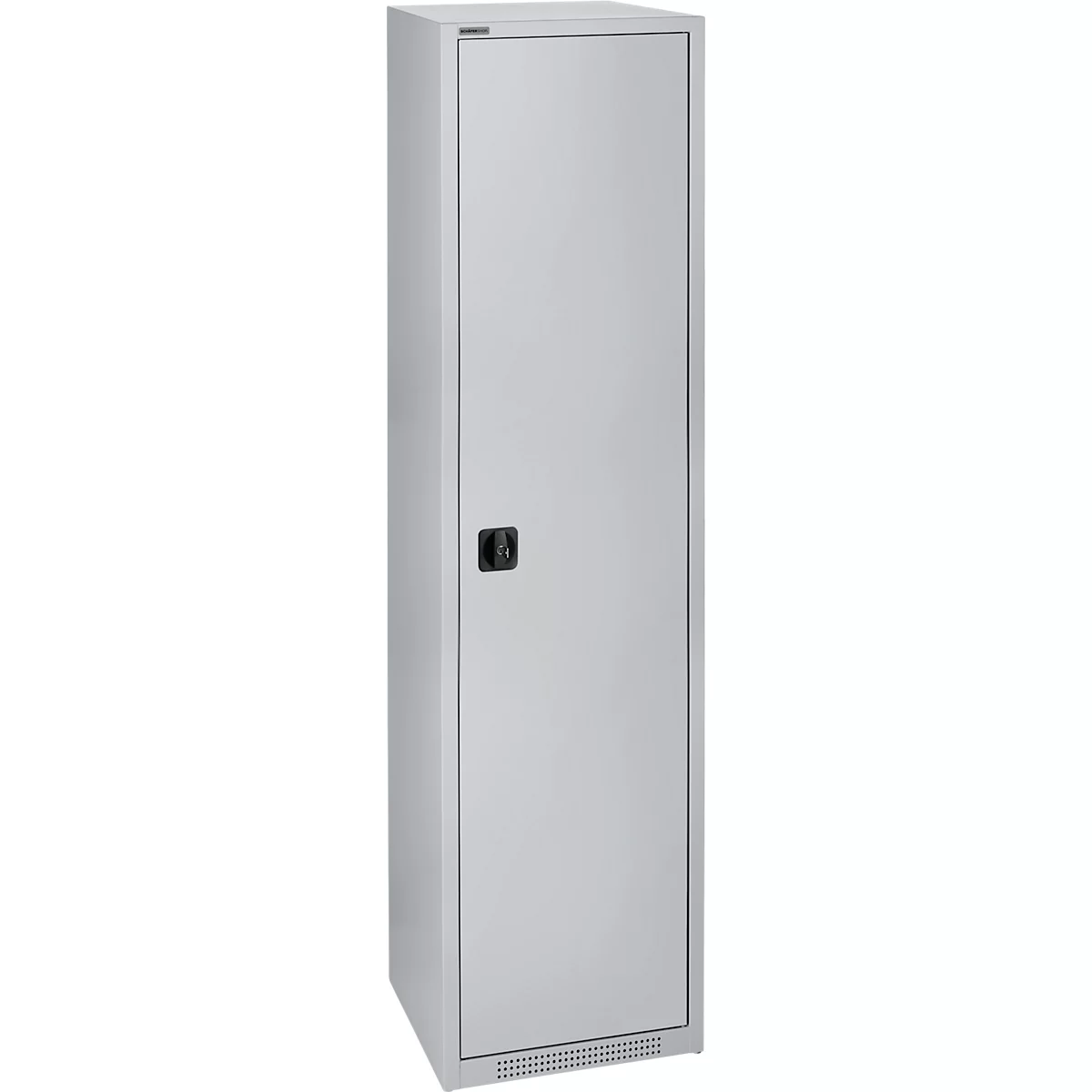 Grey steel cabinet with handle and ventilation slots at the bottom.