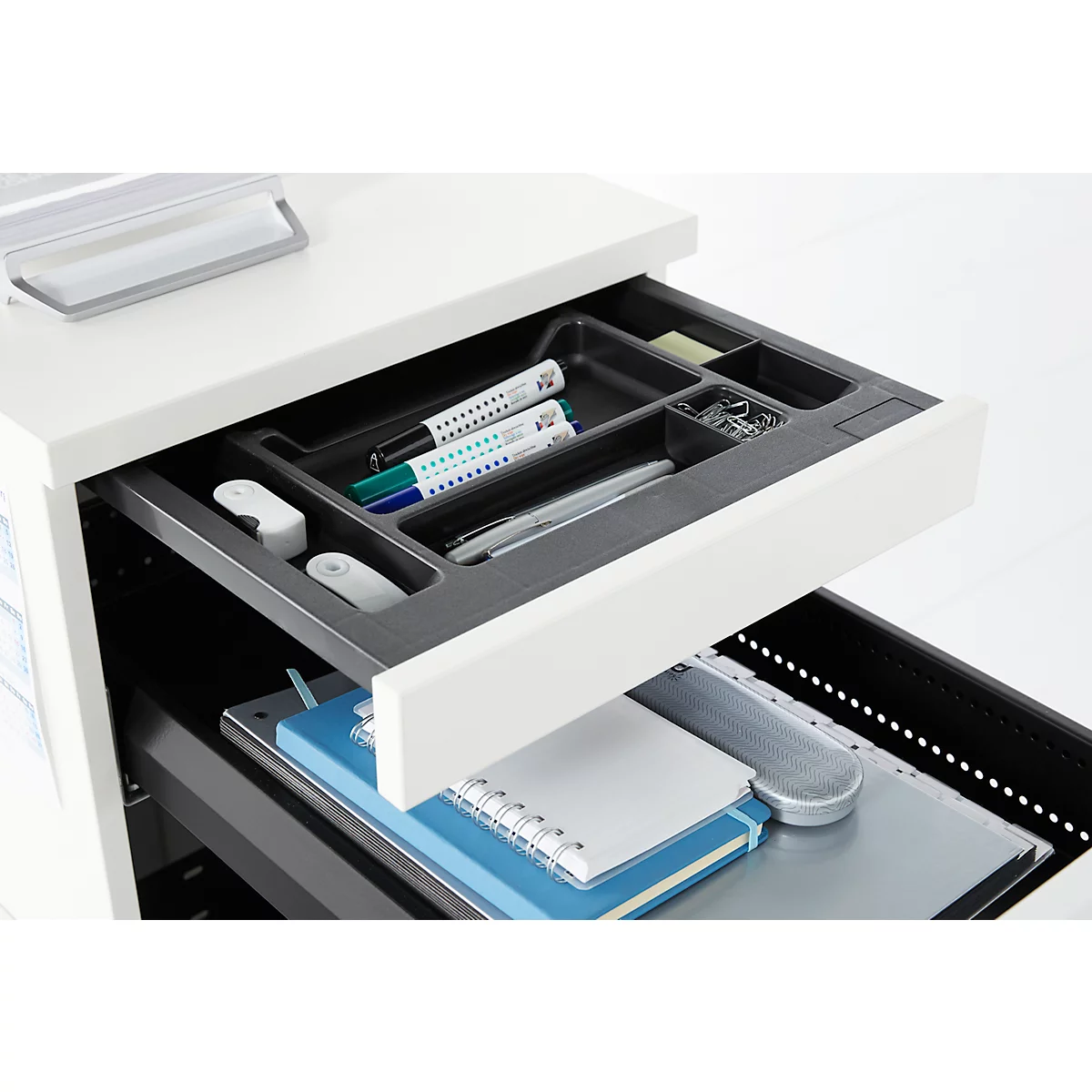 Schäfer Shop Genius Hochcontainer TETRIS WOOD, 3 Schübe + 1 Utensilienauszug, B 424 x T 803 x H 1296 mm, weiß