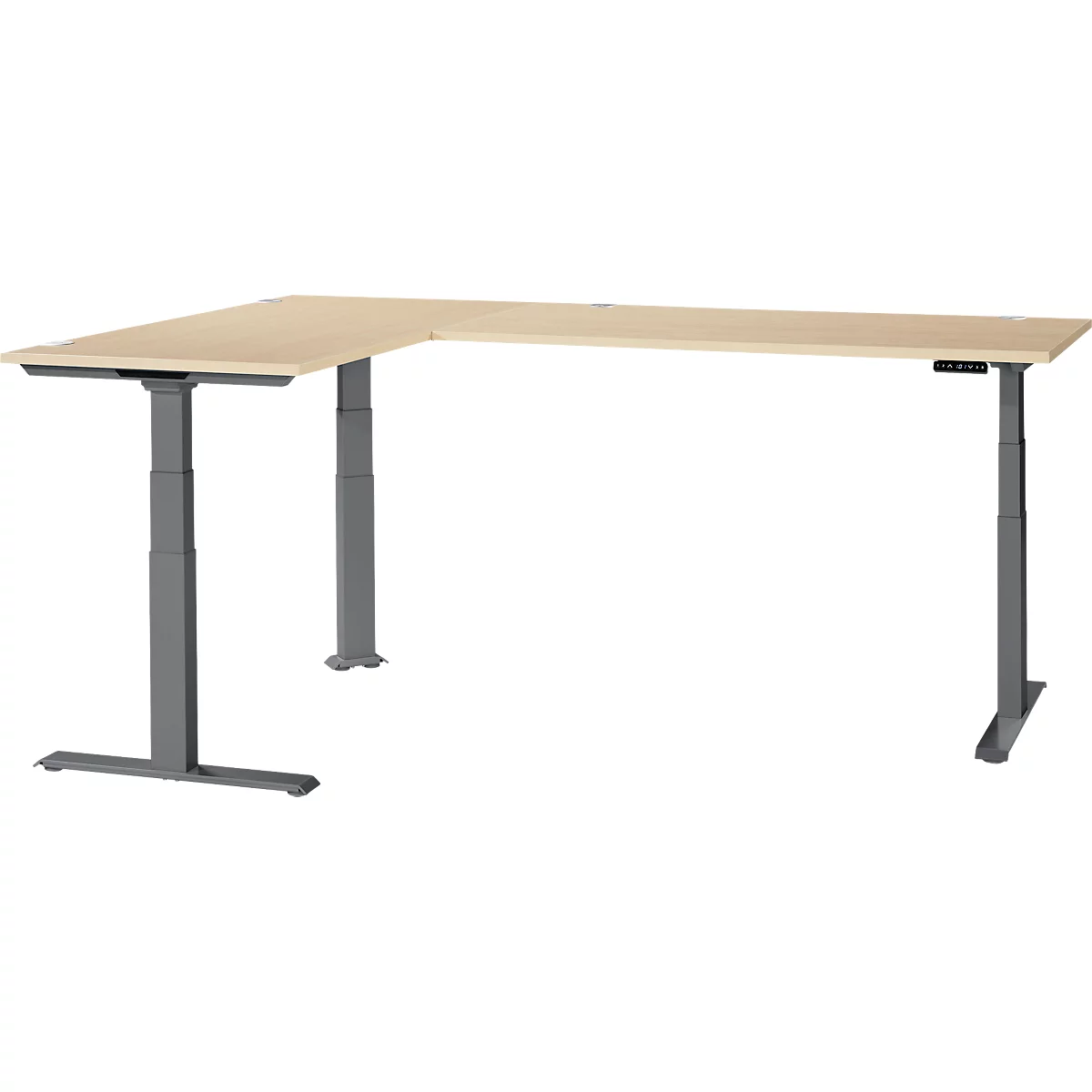 Schäfer Shop Genius hoekbureau Modena Flex, elektrisch in hoogte verstelbaar, hoek 90° aan beide zijden, B 2000 x D 2000 mm, ahorn/antraciet