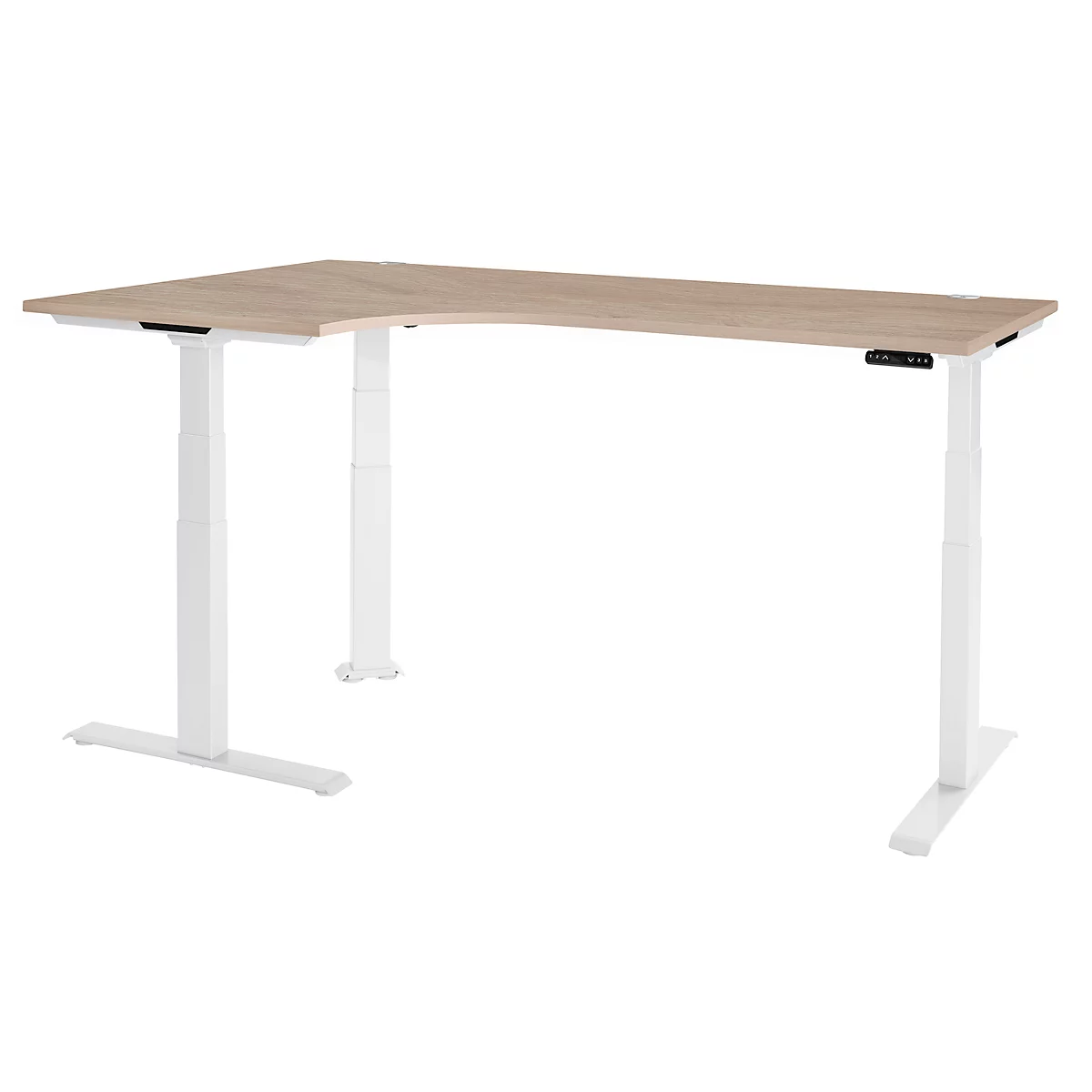 Schäfer Shop Genius hoekbureau Modena Flex, elektrisch in hoogte verstelbaar, hoek 90°, T-voet, B 2000 mm, eiken/wit