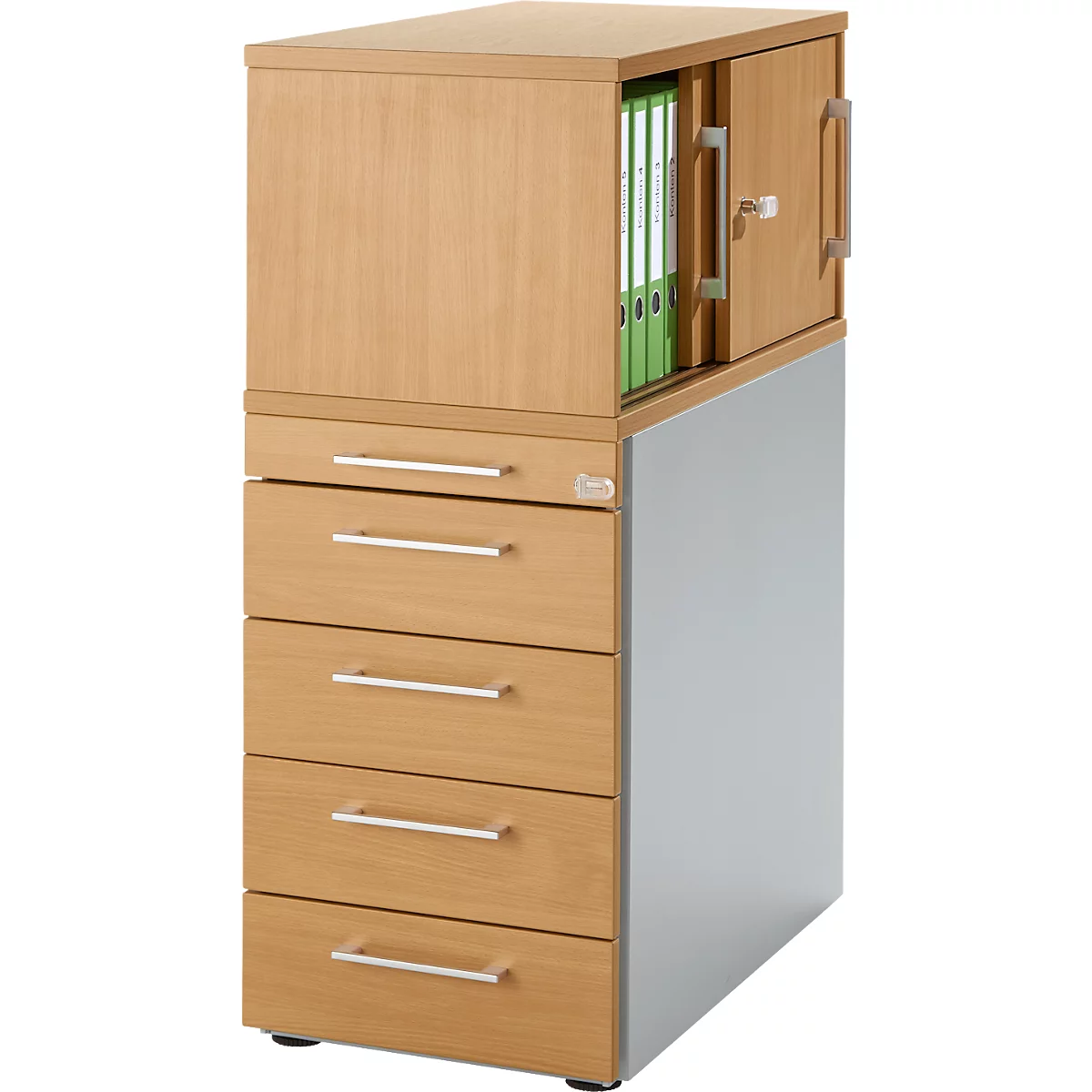 Schäfer Shop Genius Hoog ladeblok met opzetkast met schuifdeuren, afsluitbaar, B 435 x D 800 x H 1092 mm, met vierkante handgreep, beukendecor/blank aluminium