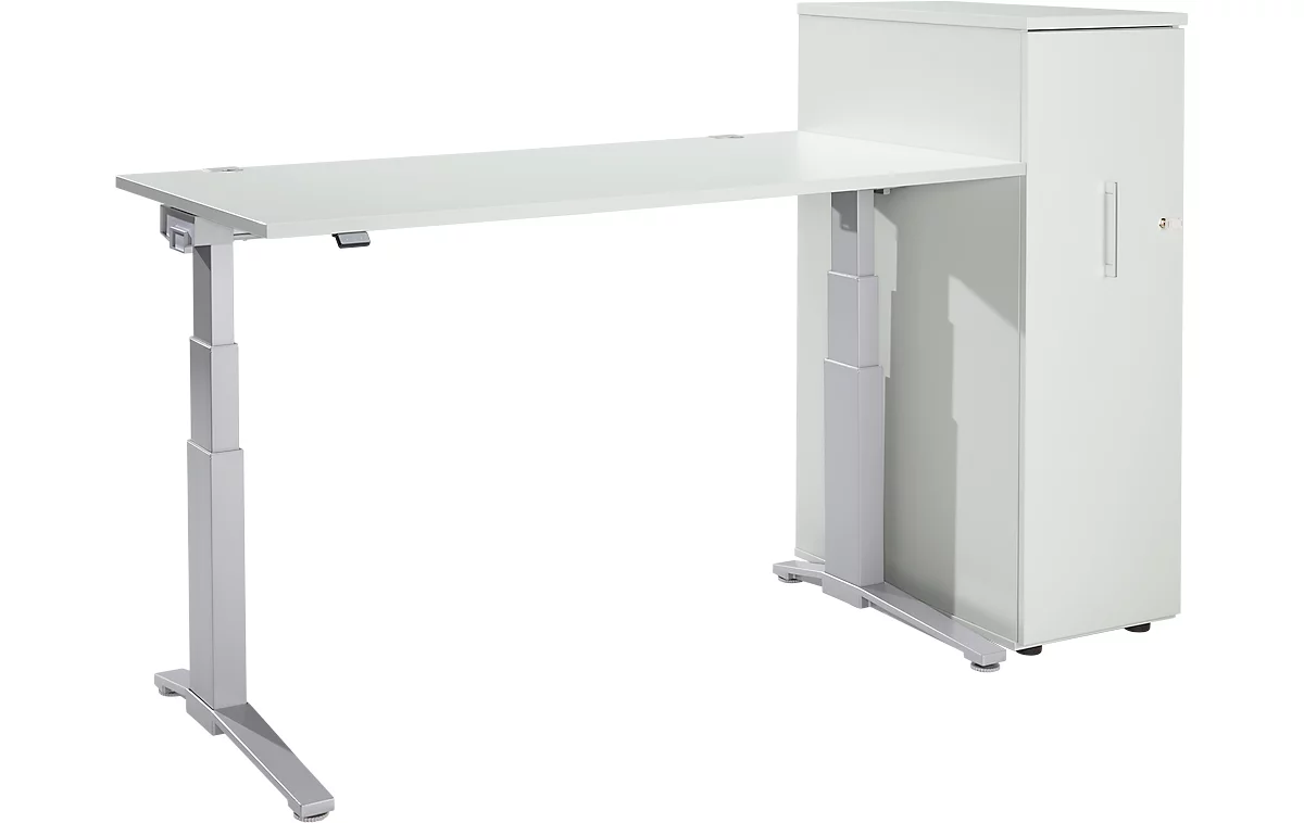Schäfer Shop Genius Juego de muebles de oficina de 2 piezas, escritorio ERGOSTYLE, regulable en altura eléctricamente, aluminio gris claro/blanco + pedestal alto con cajón vertical
