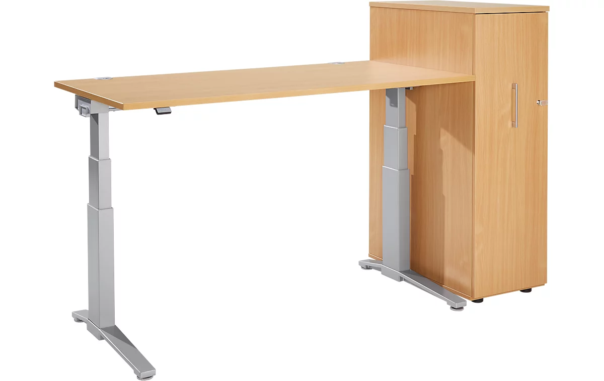 Schäfer Shop Genius Juego de muebles de oficina de 2 piezas, escritorio ERGOSTYLE, regulable en altura eléctricamente, haya/aluminio blanco + pedestal alto con cajón vertical