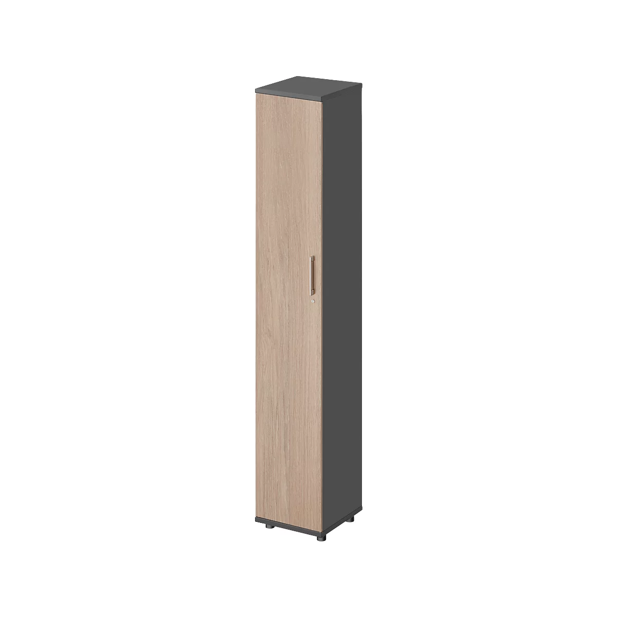 Hoge kast met houtnerf en donkere boven- en zijkant. De deur heeft een kleine handgreep.