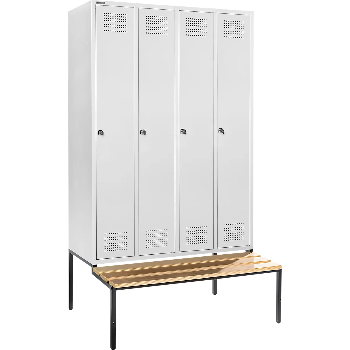 Schäfer Shop Genius Kledingkast met zitbank, 4 vakken, 300 mm vakbreedte, cilinderslot, lichtgrijs/lichtgrijs, lichtgrijs