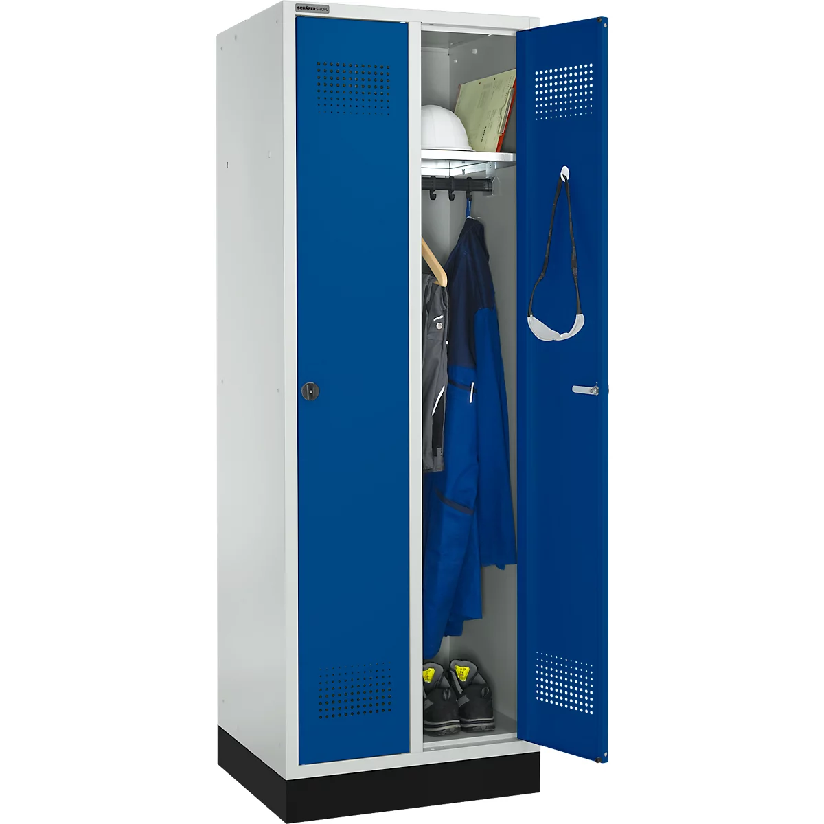 Schäfer Shop Genius Kledinglocker met fitting, 2 compartimenten, 300 mm compartimentbreedte, veiligheidsdraaigrendelslot, lichtgrijs/gentiaanblauw