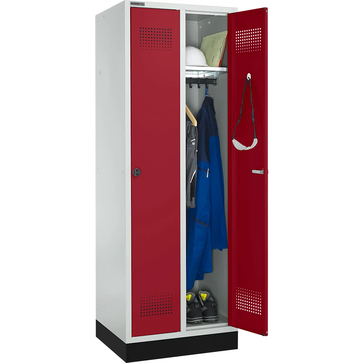 Schäfer Shop Genius Kledinglocker met fitting, 2 compartimenten, 300 mm compartimentbreedte, veiligheidsdraaigrendelslot, lichtgrijs/robijnrood