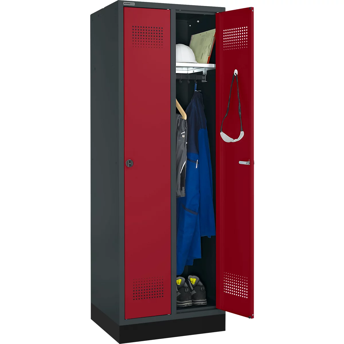 Schäfer Shop Genius Kledinglocker met fitting, 2 compartimenten, veiligheidsdraaigrendelslot, antraciet RAL 7016/rood