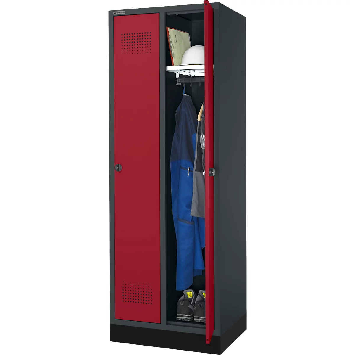 Schäfer Shop Genius Kledinglocker met fitting, 2 compartimenten, veiligheidsdraaigrendelslot, antraciet RAL 7016/rood