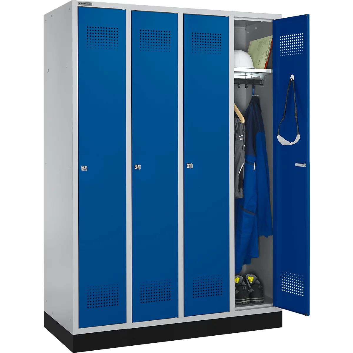 Schäfer Shop Genius Kledinglocker met fitting, 4 compartimenten, cilinderslot, blank aluminium/gentiaanblauw