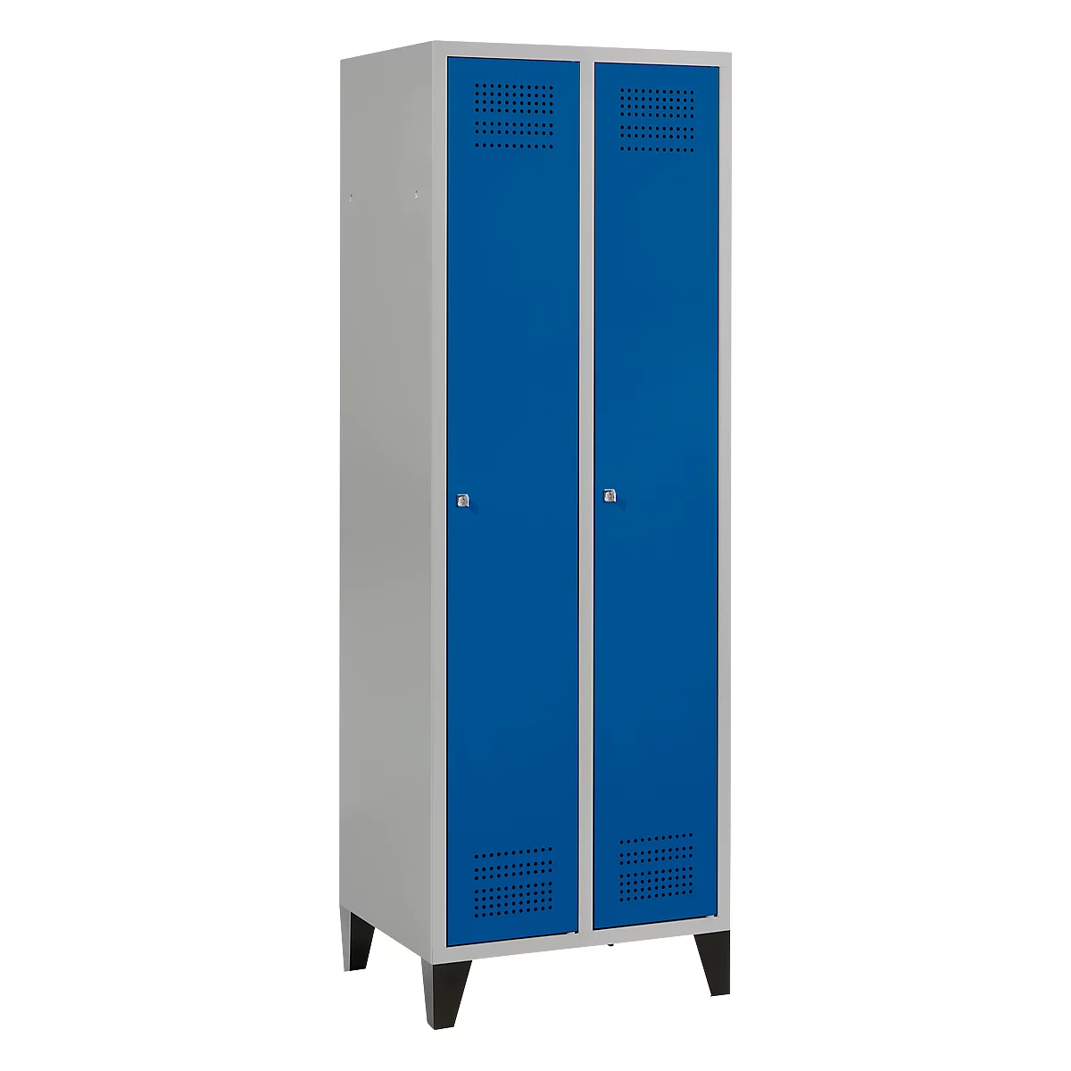 Schäfer Shop Genius Kledinglocker met poten, 2 compartimenten, B 630 x D 500 X H 1850 mm, cilinderslot, blank aluminium RAL 9016/gentiaanblauw
