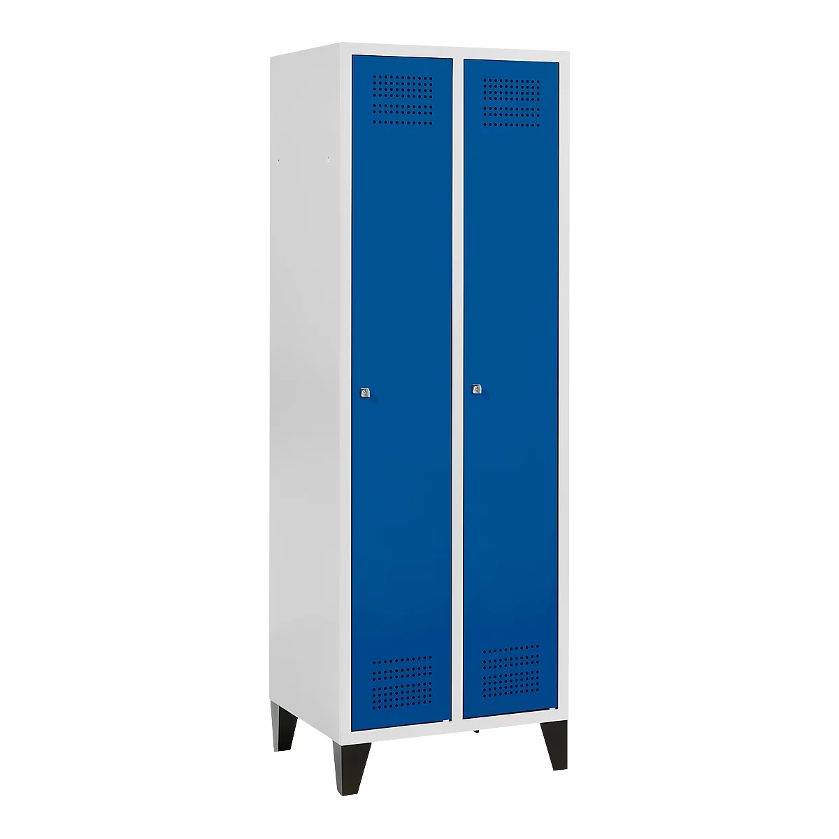 Schäfer Shop Genius Kledinglocker met poten, 2 compartimenten, B 630 x D 500 X H 1850 mm, cilinderslot, lichtgrijs/gentiaanblauw