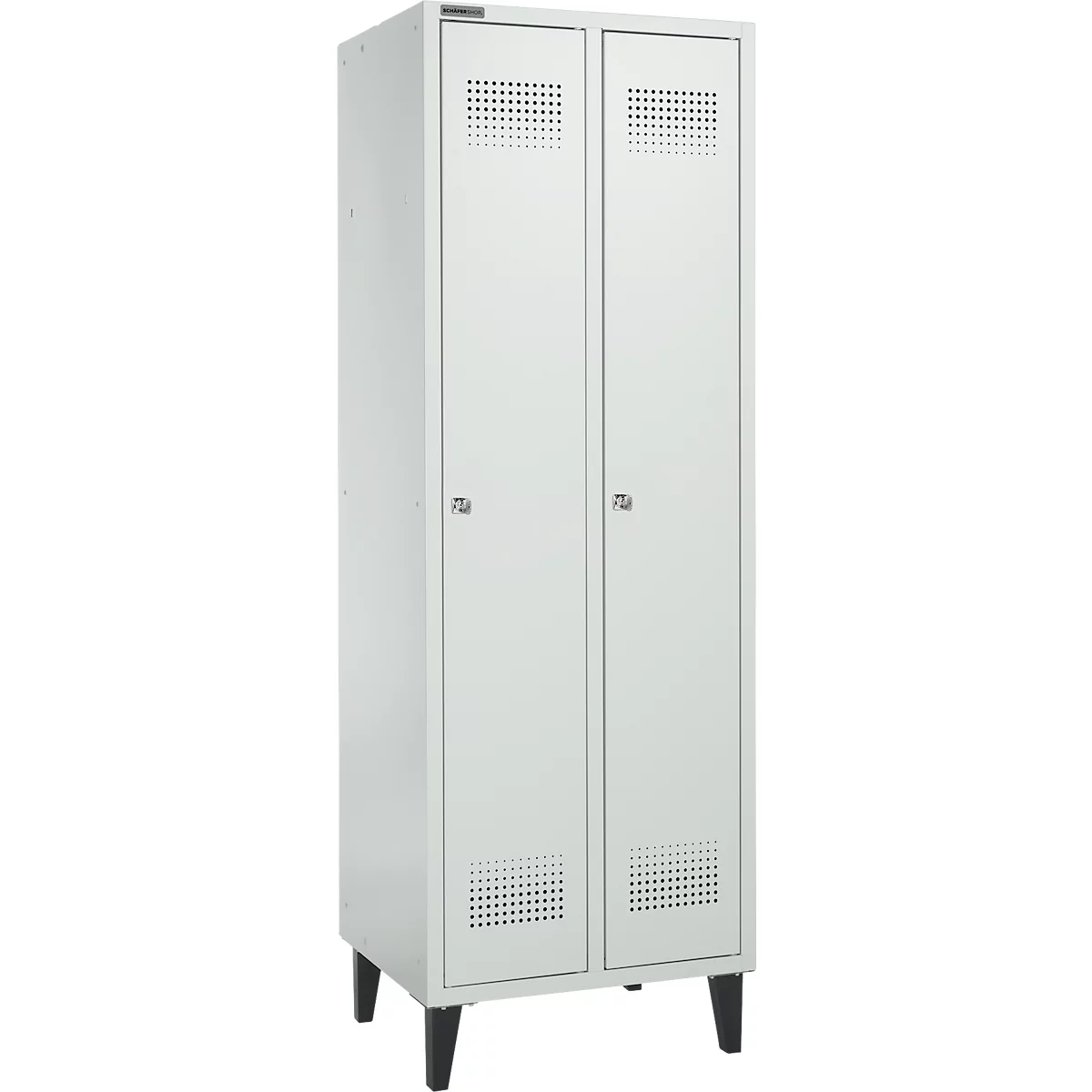 Schäfer Shop Genius Kledinglocker met poten, 2 compartimenten, B 630 x D 500 X H 1850 mm, cilinderslot, lichtgrijs/lichtgrijs