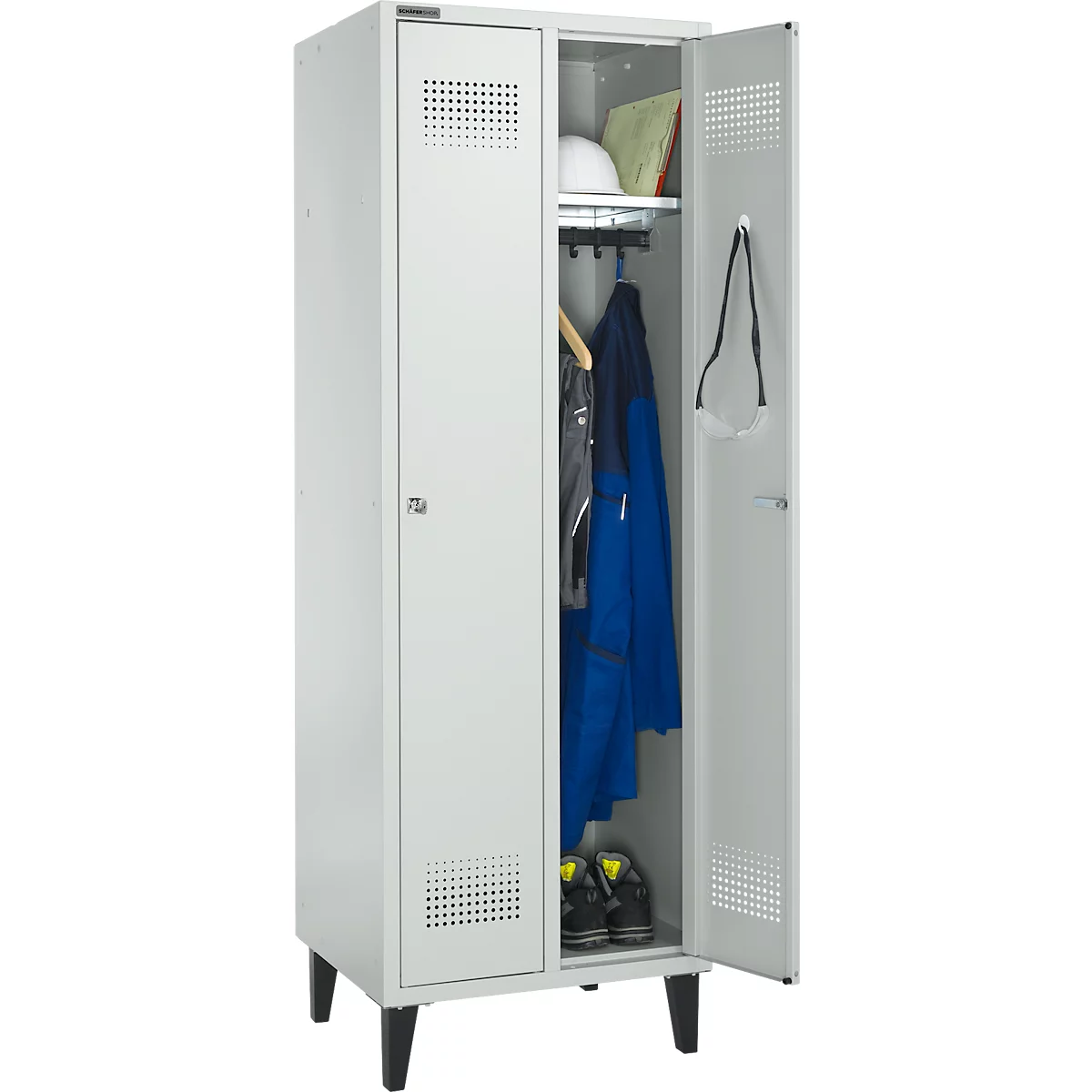 Schäfer Shop Genius Kledinglocker met poten, 2 compartimenten, B 630 x D 500 X H 1850 mm, cilinderslot, lichtgrijs/lichtgrijs