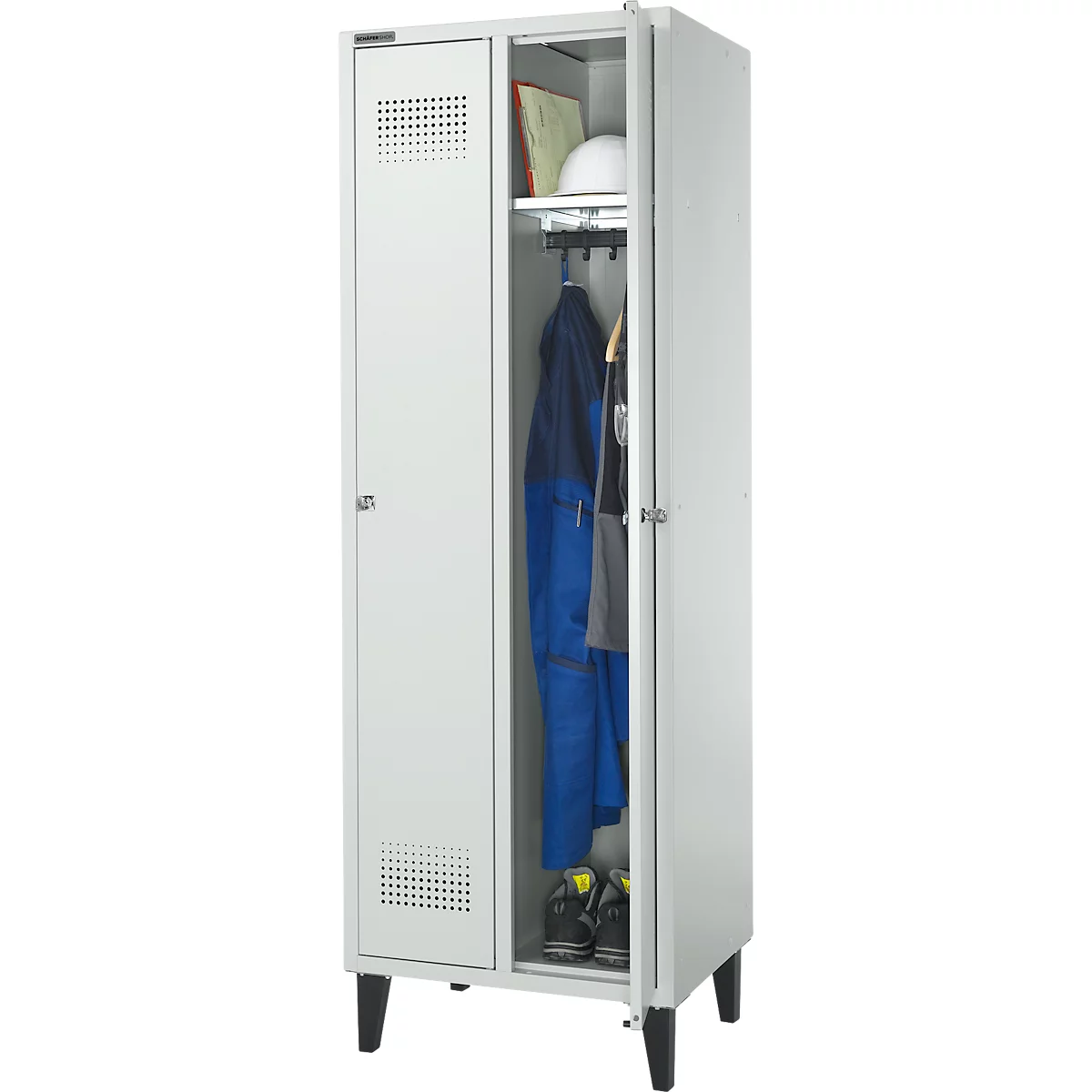 Schäfer Shop Genius Kledinglocker met poten, 2 compartimenten, B 630 x D 500 X H 1850 mm, cilinderslot, lichtgrijs/lichtgrijs