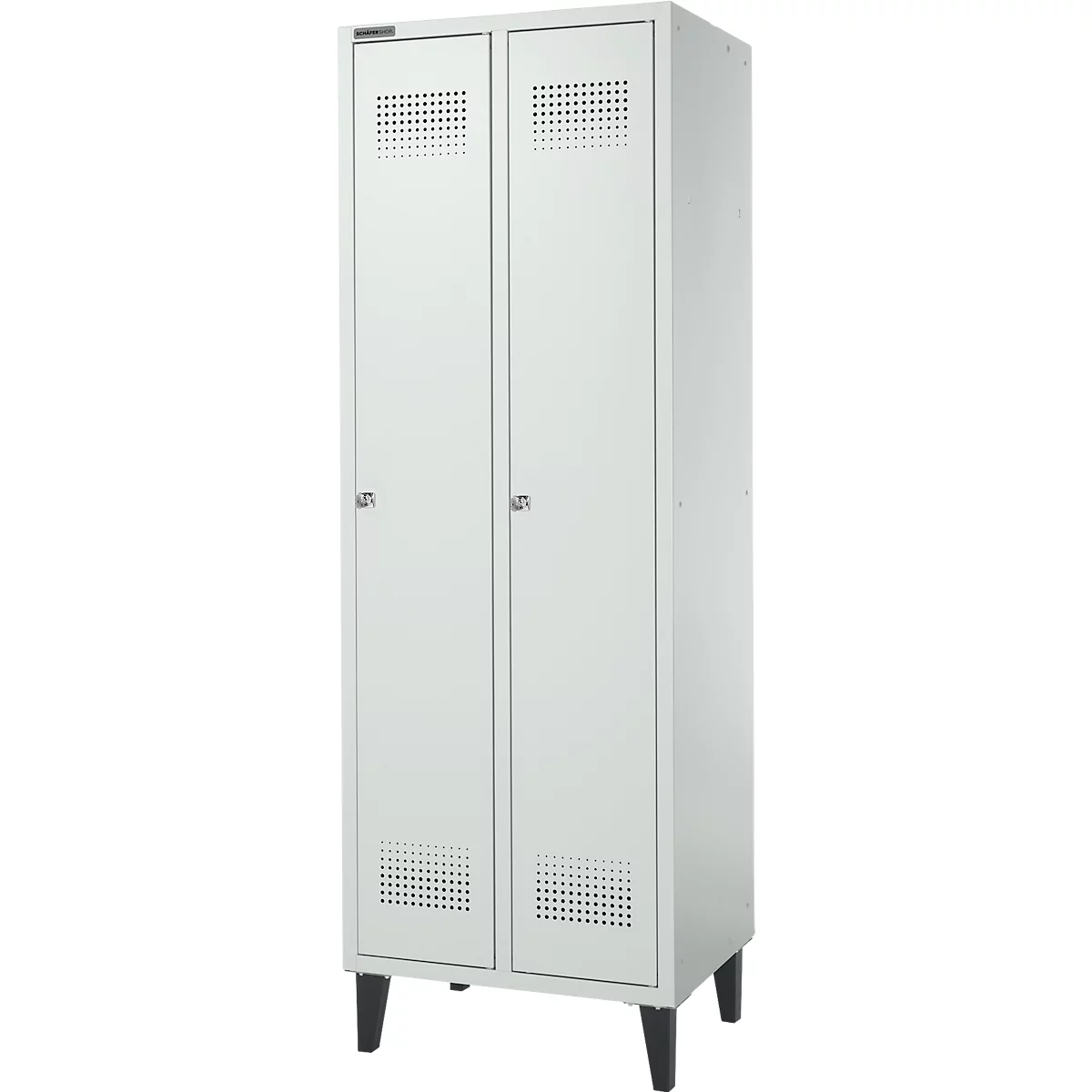 Schäfer Shop Genius Kledinglocker met poten, 2 compartimenten, B 630 x D 500 X H 1850 mm, cilinderslot, lichtgrijs/lichtgrijs