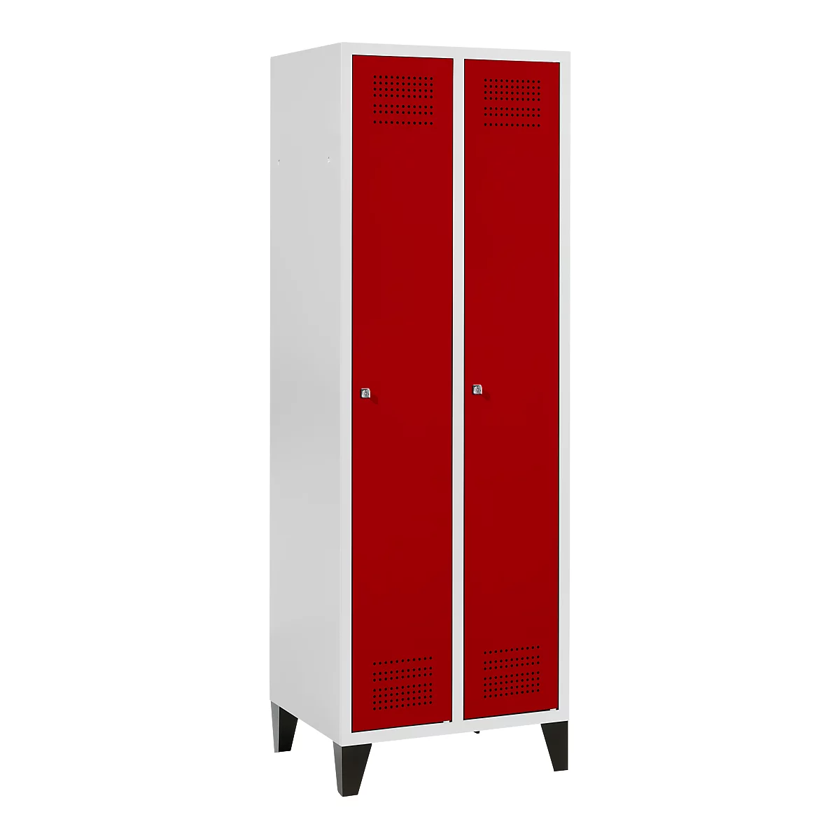 Schäfer Shop Genius Kledinglocker met poten, 2 compartimenten, B 630 x D 500 X H 1850 mm, cilinderslot, lichtgrijs/rood