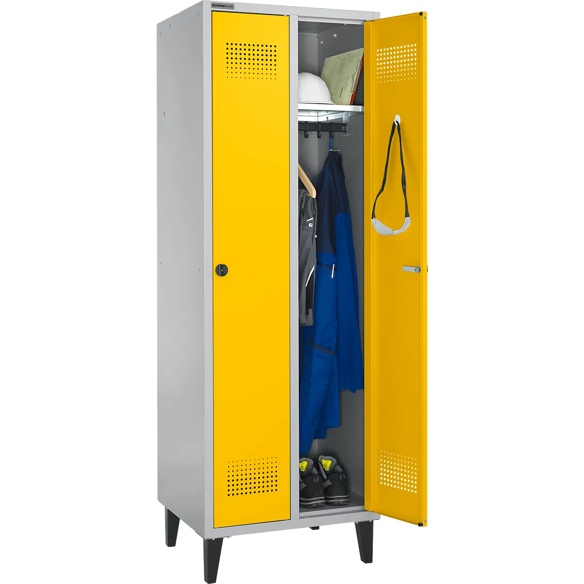 Schäfer Shop Genius Kledinglocker met poten, 2 compartimenten, B 630 x D 500 X H 1850 mm, veiligheidsdraaigrendelslot, blank aluminium RAL 9016/geel