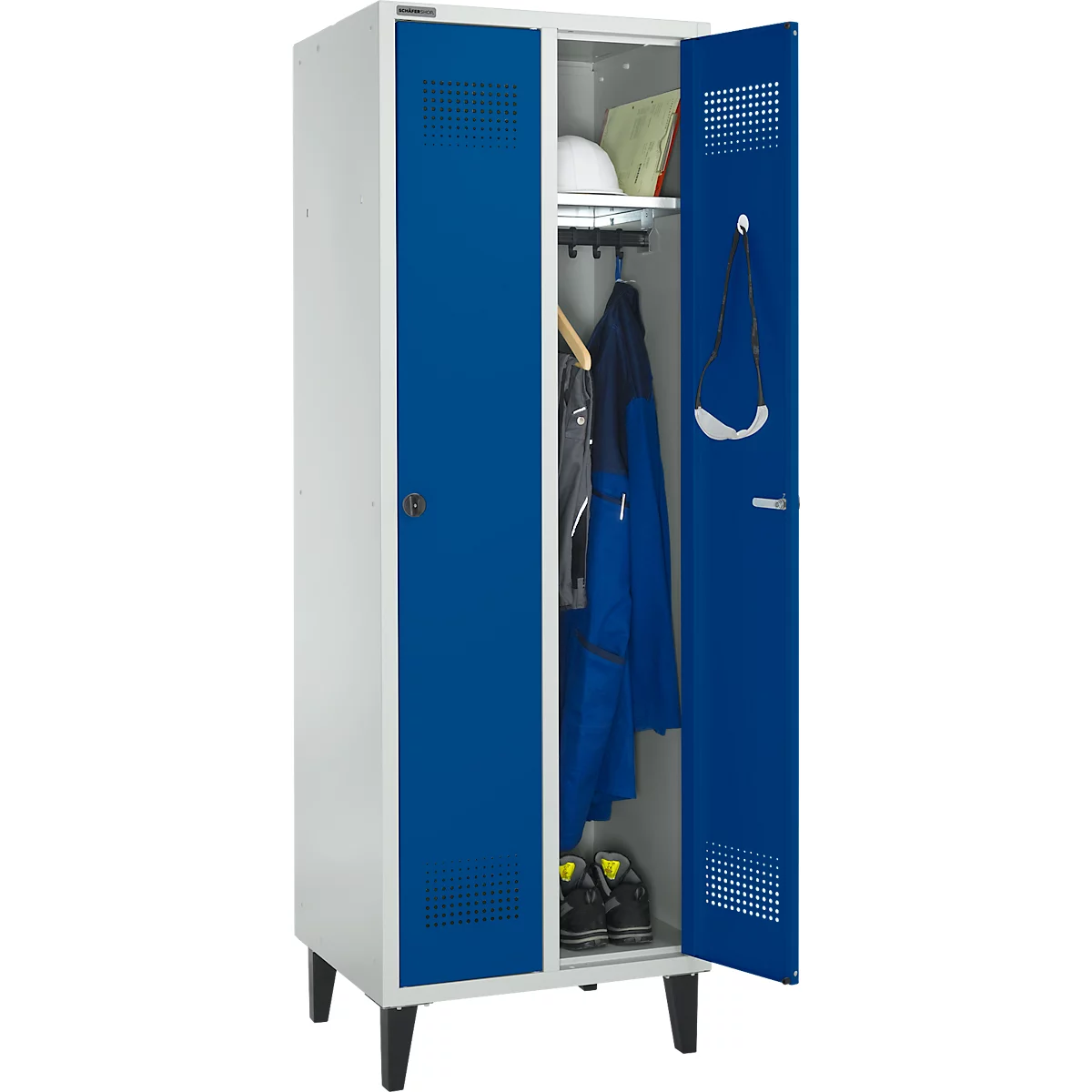 Schäfer Shop Genius Kledinglocker met poten, 2 compartimenten, B 630 x D 500 X H 1850 mm, veiligheidsdraaigrendelslot, lichtgrijs/gentiaanblauw