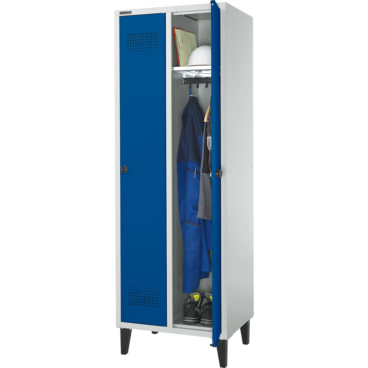 Schäfer Shop Genius Kledinglocker met poten, 2 compartimenten, B 630 x D 500 X H 1850 mm, veiligheidsdraaigrendelslot, lichtgrijs/gentiaanblauw