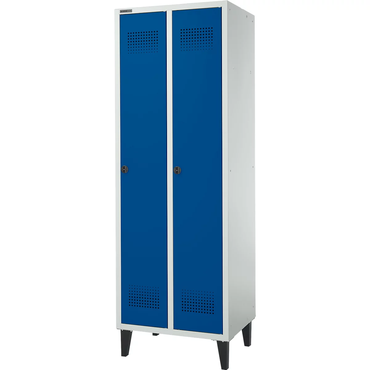 Schäfer Shop Genius Kledinglocker met poten, 2 compartimenten, B 630 x D 500 X H 1850 mm, veiligheidsdraaigrendelslot, lichtgrijs/gentiaanblauw
