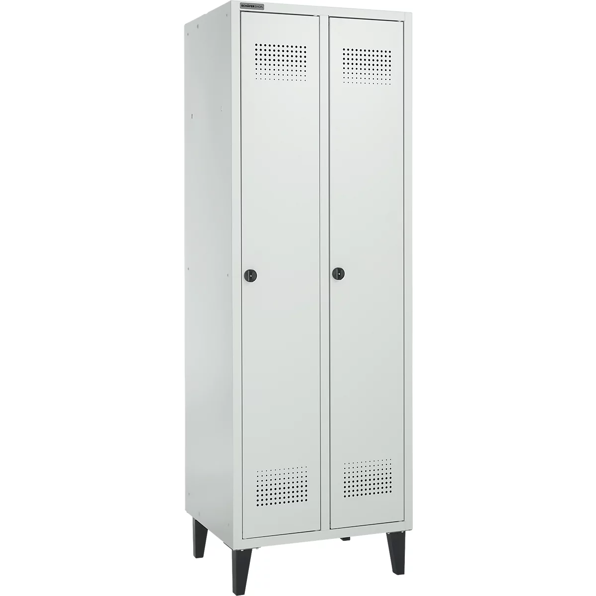 Schäfer Shop Genius Kledinglocker met poten, 2 compartimenten, B 630 x D 500 X H 1850 mm, veiligheidsdraaigrendelslot, lichtgrijs/lichtgrijs