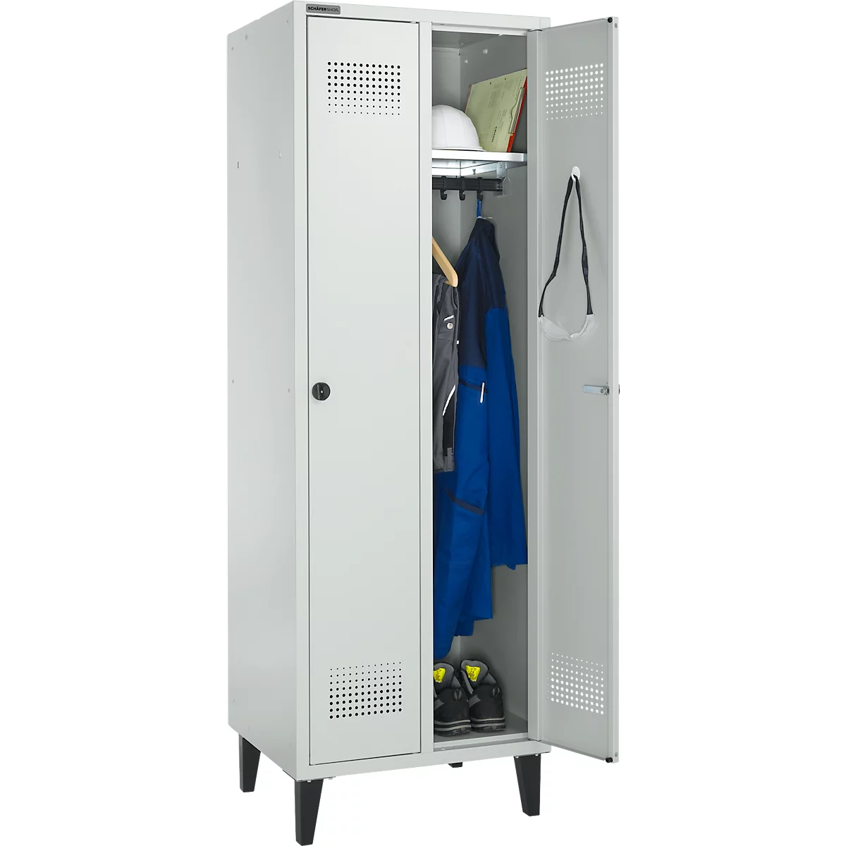 Schäfer Shop Genius Kledinglocker met poten, 2 compartimenten, B 630 x D 500 X H 1850 mm, veiligheidsdraaigrendelslot, lichtgrijs/lichtgrijs