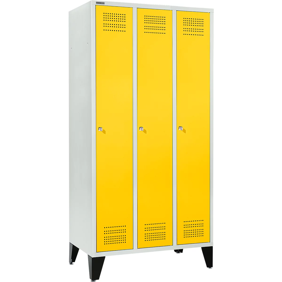 Schäfer Shop Genius Kledinglocker met poten, 3 compartimenten, 300 mm compartimentbreedte, cilinderslot, lichtgrijs/koolzaadgeel