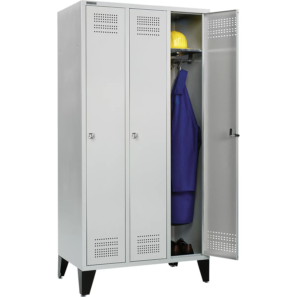 Schäfer Shop Genius Kledinglocker met poten, 3 compartimenten, 300 mm compartimentbreedte, cilinderslot, lichtgrijs/lichtgrijs