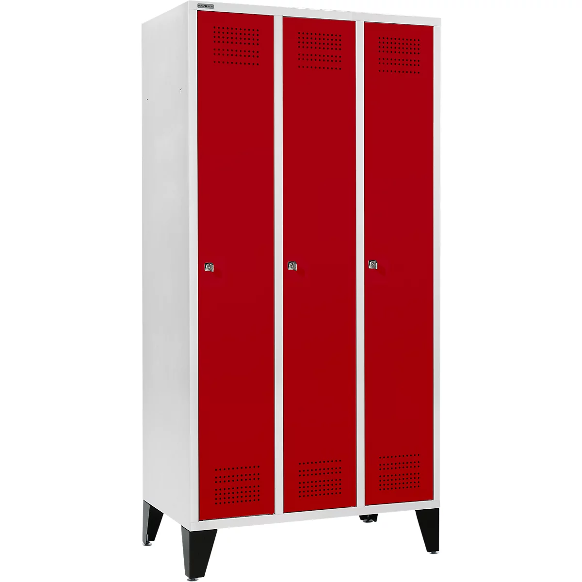 Schäfer Shop Genius Kledinglocker met poten, 3 compartimenten, 300 mm compartimentbreedte, cilinderslot, lichtgrijs/robijnrood