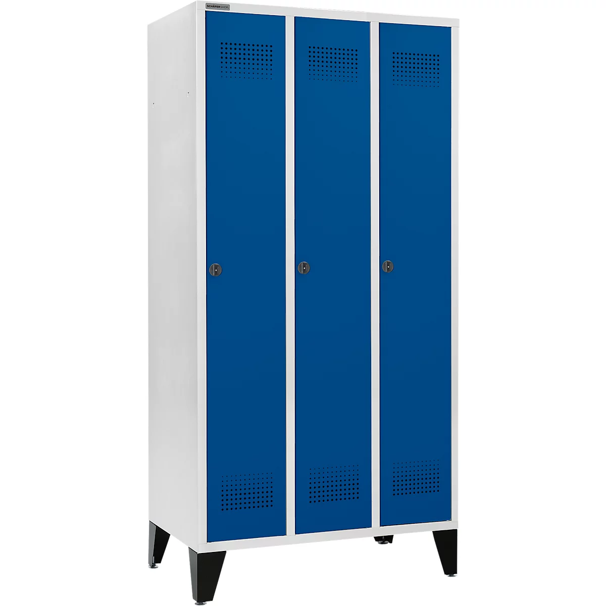 Schäfer Shop Genius Kledinglocker met poten, 3 compartimenten, 300 mm compartimentbreedte, veiligheidsdraaigrendelslot, lichtgrijs/gentiaanblauw