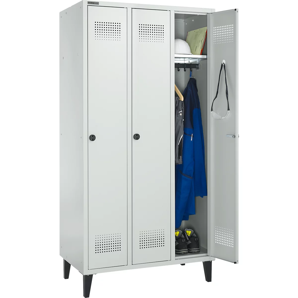 Schäfer Shop Genius Kledinglocker met poten, 3 compartimenten, 300 mm compartimentbreedte, veiligheidsdraaigrendelslot, lichtgrijs/lichtgrijs