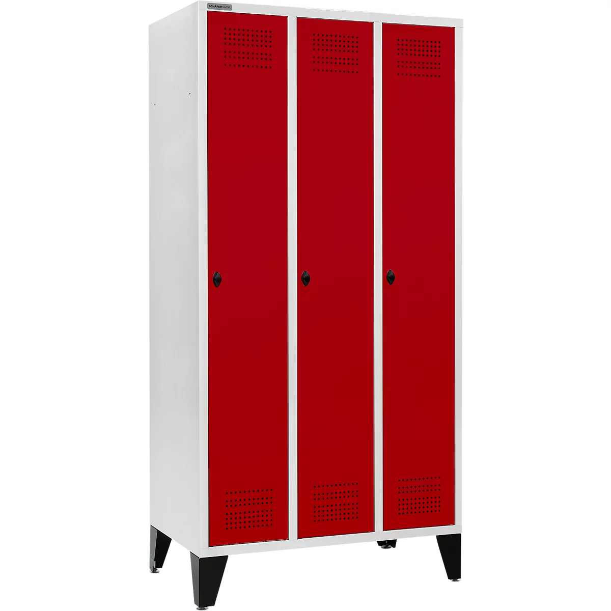 Schäfer Shop Genius Kledinglocker met poten, 3 compartimenten, 300 mm compartimentbreedte, veiligheidsdraaigrendelslot, lichtgrijs/robijnrood